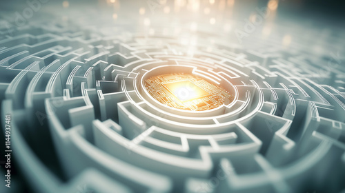 A detailed white maze spiraling toward a central microchip that emits a faint golden glow, representing technological breakthroughs and strategic navigation photo