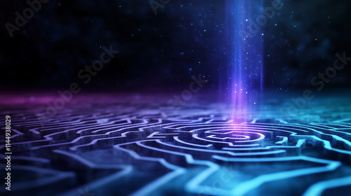 A microchip placed within a winding white maze that appears to float in a dark void, illuminated by subtle neon blue and purple lights for a futuristic touch photo