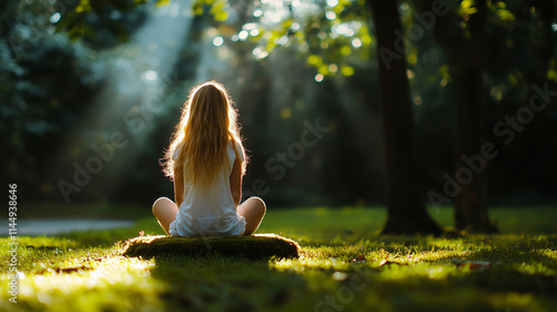 A young girl sits alone on a mossy stone in a park clearing, surrounded by dappled sunlight, her sad expression softened by the promise of a bright path ahead photo