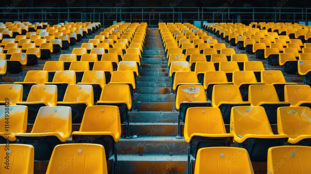 Fototapeta premium Outdoor Chairs. Yellow Tribunes at a Modern Sport Stadium with Empty Seats