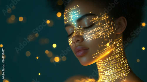 A futuristic portrait of a woman with a glowing AI chip embedded near her temple, her skin illuminated by golden circuits radiating outward, blending humanity and artificial intell photo