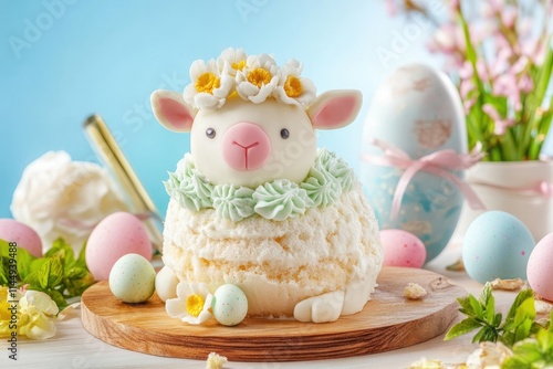 Easter still life. Cute Easter cake in the shape of a lamb on a table with colourful decorated eggs and spring flowers photo