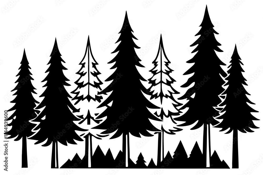 Fototapeta premium Silhouette of a forest with tall trees on white background