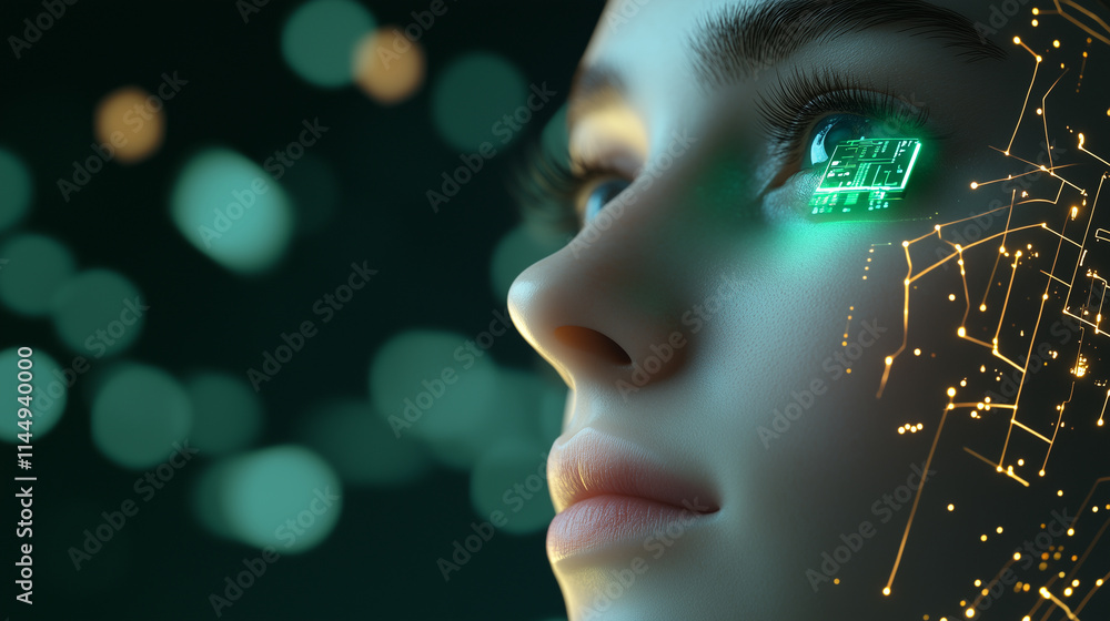 A serene woman with an AI chip glowing faintly in green on her temple, her face framed by delicate golden circuits and a softly lit technological backdrop A serene woman with an AI chip glowing faintly in green on her temple, her face framed by delicate golden circuits and a softly lit technological backdrop