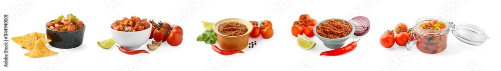 Delicious salsa sauce in bowls and glass jar isolated on white, set Delicious salsa sauce in bowls and glass jar isolated on white, set