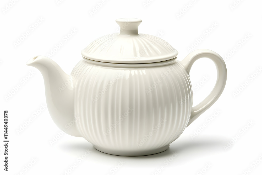White ceramic teapot, ribbed design, studio shot, isolated background, perfect for tea packaging. White ceramic teapot, ribbed design, studio shot, isolated background, perfect for tea packaging.