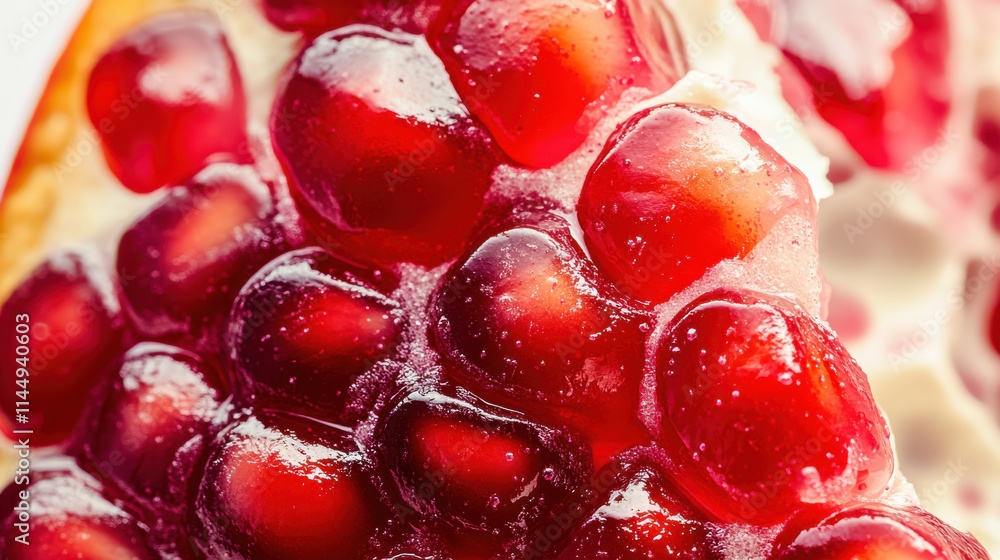 A beautifully detailed cross-section of a ruby-red pomegranate half, the seeds glistening with moisture, surrounded by a thin bright yellow rind, displayed on a pure white background. The juicy seeds A beautifully detailed cross-section of a ruby-red pomegranate half, the seeds glistening with moisture, surrounded by a thin bright yellow rind, displayed on a pure white background. The juicy seeds