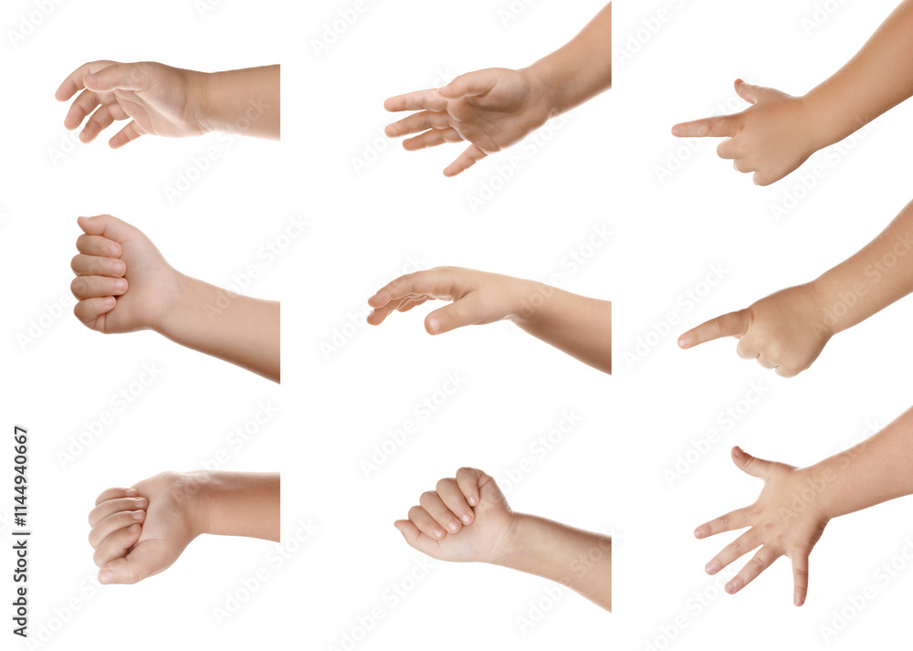Kids showing hands on white background, closeup Kids showing hands on white background, closeup