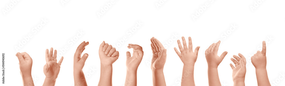 Kids showing hands on white background, closeup Kids showing hands on white background, closeup