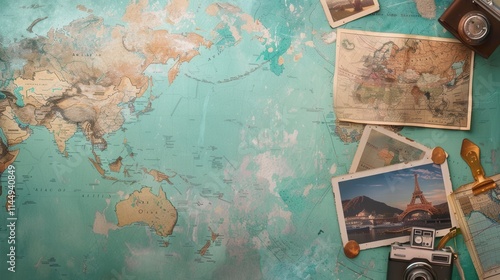 Travel memories displayed on a world map backdrop with vintage elements for inspiration and creativity in exploration. Generative AI photo