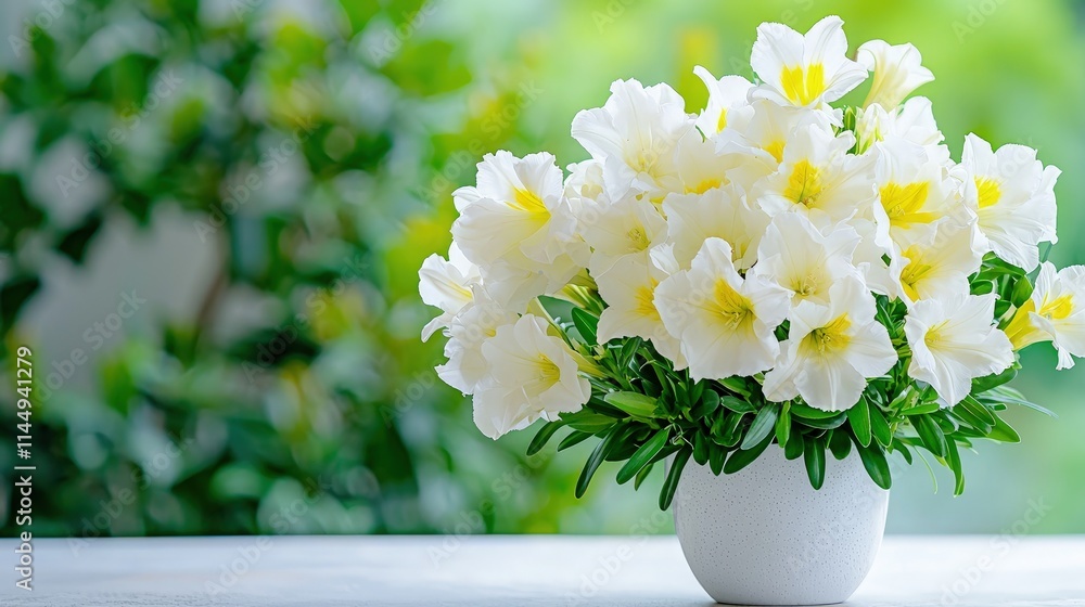 Fototapeta premium White flowers in a white pot on a table.