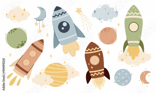 Set of cute space elements. Rockets, planets, clouds, stars, moon. Flat vector illustration.