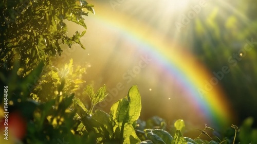 Vibrant Rainbow Over Dewy Green Leaves and Sunlit Background