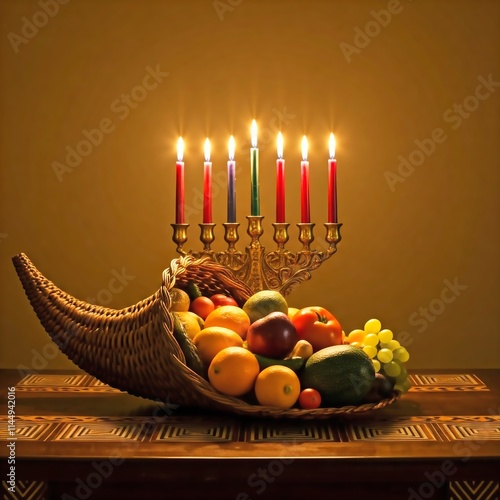 A vibrant display of kinara with lit candles surrounded by tropical fruits symbolizes a cultural celebration. photo