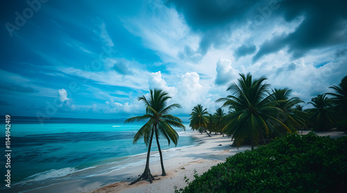 tropical beach with palm trees, turquoise water, and a partly cloudy sky photo