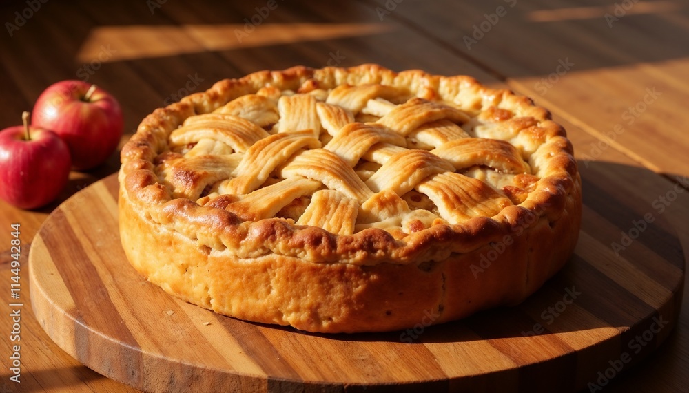 Freshly baked apple pie with lattice crust on a wooden cutting board Freshly baked apple pie with lattice crust on a wooden cutting board