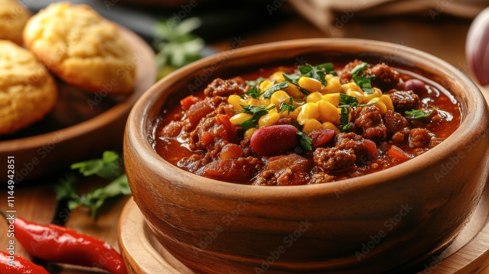 Hearty Chili with Beans, Corn, and Fresh Herbs in Wooden Bowl Hearty Chili with Beans, Corn, and Fresh Herbs in Wooden Bowl