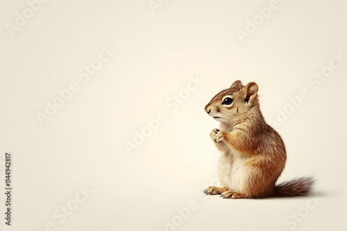 Adorable baby squirrel posing on white background, studio shot, wildlife, nature, animal print, website banner. photo