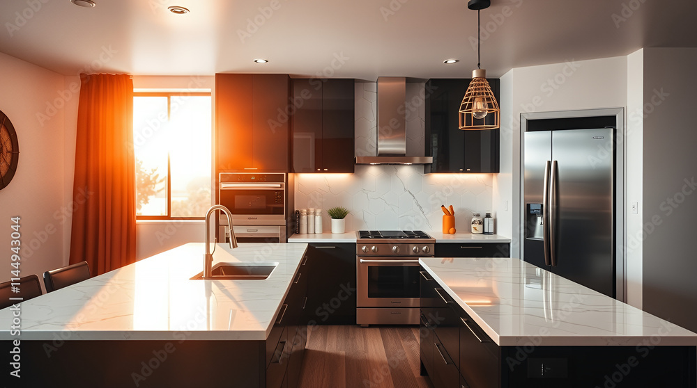 modern kitchen with dark cabinets, white countertops, and stainless steel appliances modern kitchen with dark cabinets, white countertops, and stainless steel appliances