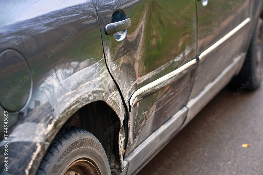 Crumpled rear fender with dents and scratches, damaged car's arch and body paint after road collision. Dented rear door. Scratches and dents on car rear fender, damaged paint after side impact
