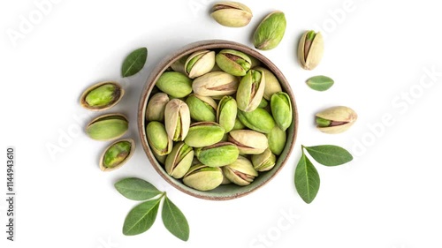 Wallpaper Mural Peeled Pistachio nuts in Bowl Green Leaves on White Background Loop Animation Torontodigital.ca