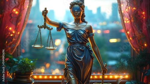 Lady Justice statue by window at dusk.