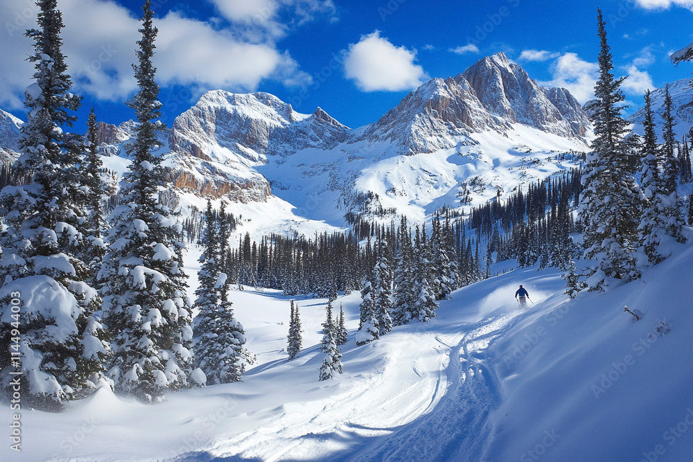 Fototapeta premium A Snow Skier Carving Through Snowy Peaks on a Blue Sky Day