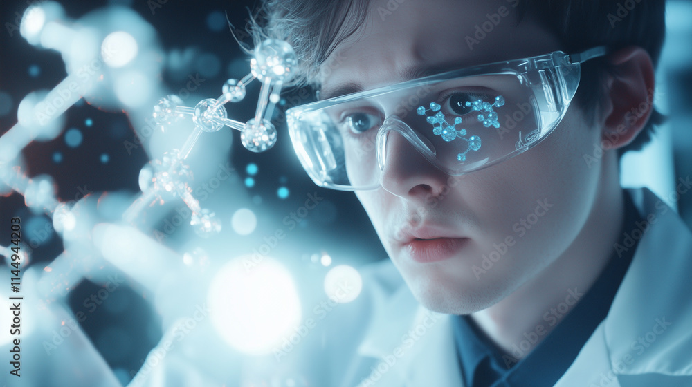 A scientist in a modern laboratory using augmented reality to explore a digital chemical formula of a cosmetic product, with floating molecular structures and data-driven visuals s A scientist in a modern laboratory using augmented reality to explore a digital chemical formula of a cosmetic product, with floating molecular structures and data-driven visuals s