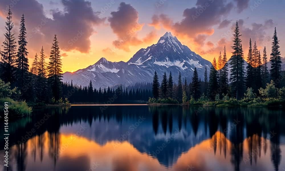 A serene sunset over a mountain lake, reflecting vibrant colors and surrounded by trees. A serene sunset over a mountain lake, reflecting vibrant colors and surrounded by trees.
