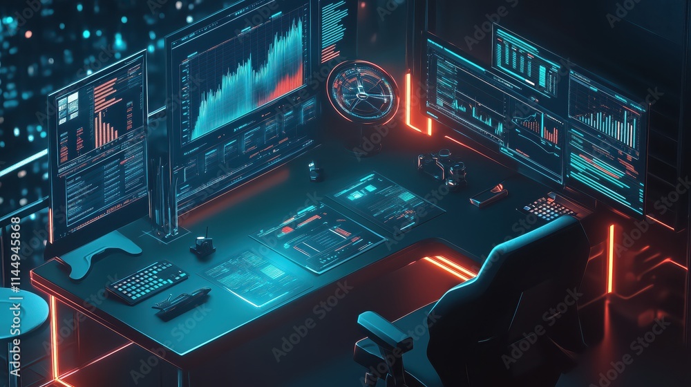 Obraz premium Futuristic cyberpunk control console with holographic displays and data visualization