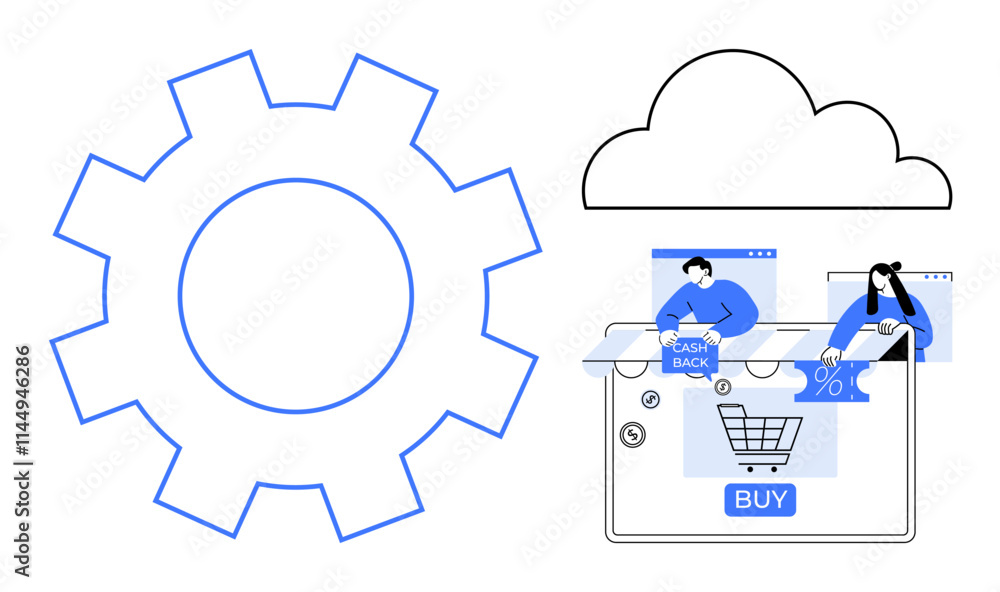 Large gear, cloud icon, shopping cart on screen, people using e-commerce platform for purchases and cashback. Ideal for technology, e-commerce, cloud services, online shopping, promotions digital Large gear, cloud icon, shopping cart on screen, people using e-commerce platform for purchases and cashback. Ideal for technology, e-commerce, cloud services, online shopping, promotions digital