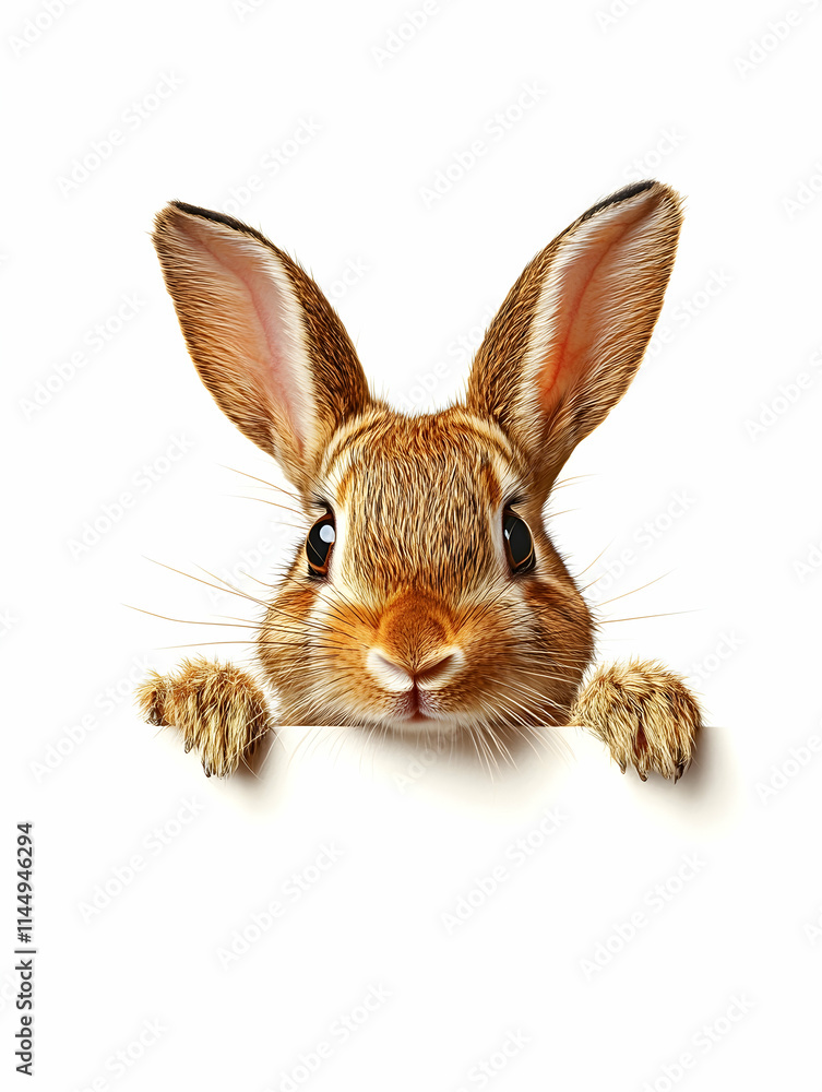 Obraz premium Cute bunny peeking over white background; Easter, spring, advertisement.