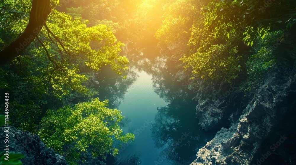 Serene Forest River at Sunset with Lush Greenery Serene Forest River at Sunset with Lush Greenery