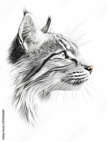 Elegant Lynx Profile, Monochrome Drawing, White Background, Wildlife Art Print. photo