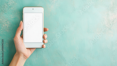 A pastel green background complements a smartphone with a blank white screen held by a hand. The minimal, professional composition symbolizes clarity and focus on data-driven strat photo