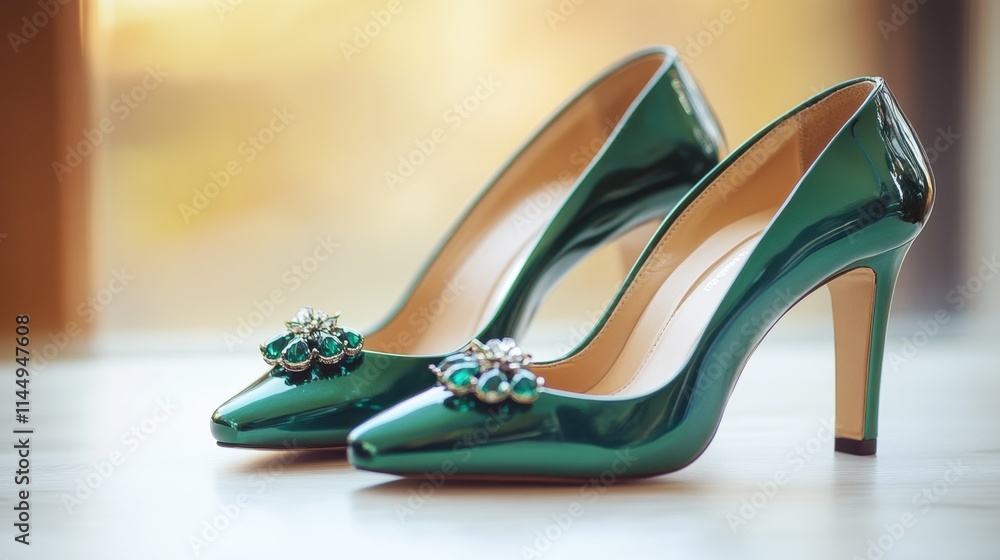 Elegant Green High Heels with Decorative Embellishments Elegant Green High Heels with Decorative Embellishments