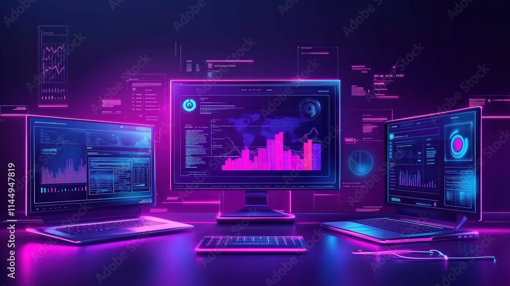 High-tech command center with multiple screens displaying data analytics High-tech command center with multiple screens displaying data analytics