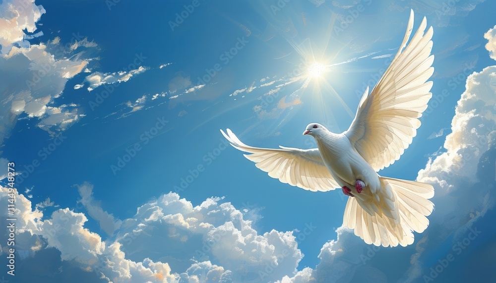 Obraz premium White dove soaring in blue sky with sunlight
