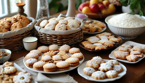 Traditional purim feast table with assorted pastries and copy space photo