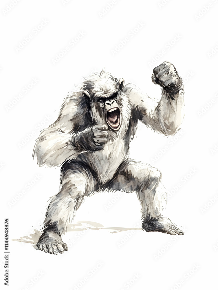 Fototapeta premium Furious White Ape Fighting Pose, Illustration, Wildlife, Book Cover.