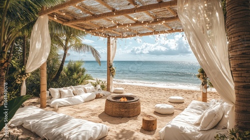 Romantic beach gazebo with fire pit, white cushions, and ocean view. photo