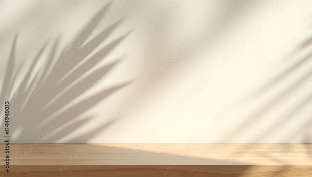 Wood table or product display platform features a shadow of a palm leaf on its surface against a simple wall background._00002_ Wood table or product display platform features a shadow of a palm leaf on its surface against a simple wall background._00002_