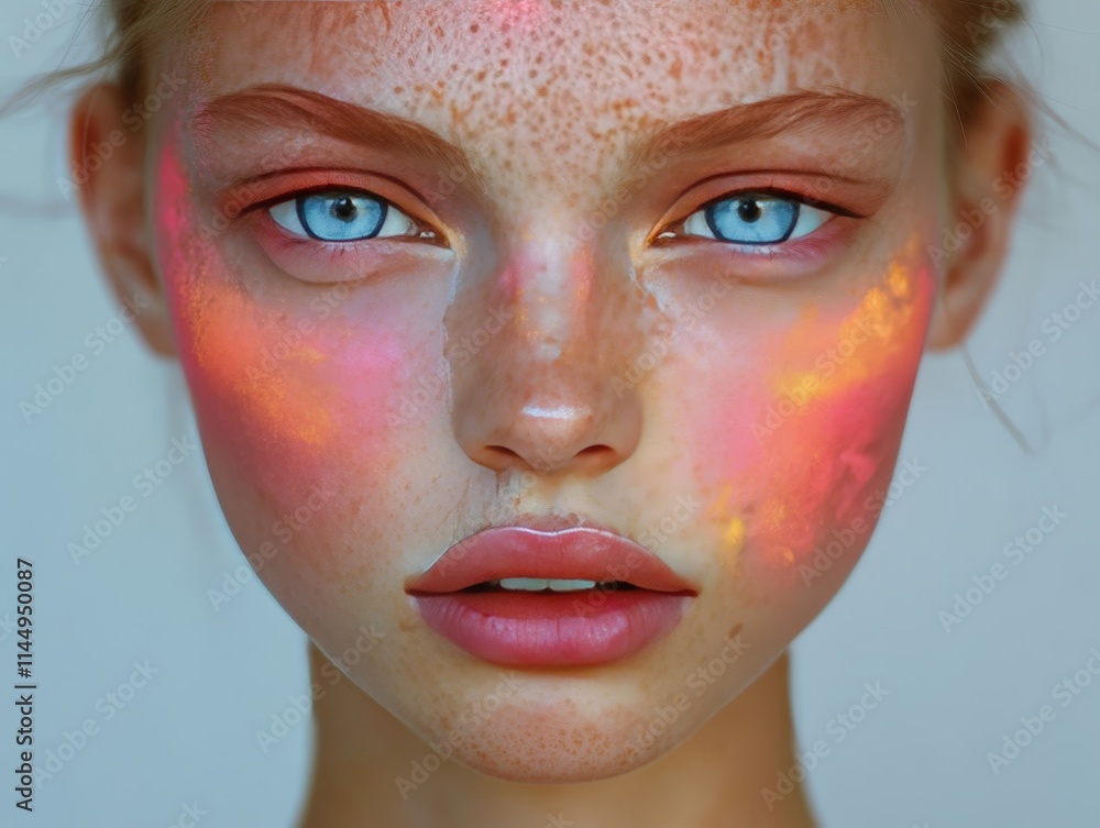 Minimalist close up of a girl with radiant pink and yellow gradient face paint and shimmering skin tones, evoking a sense of dreamlike beauty and modern sophistication Minimalist close up of a girl with radiant pink and yellow gradient face paint and shimmering skin tones, evoking a sense of dreamlike beauty and modern sophistication