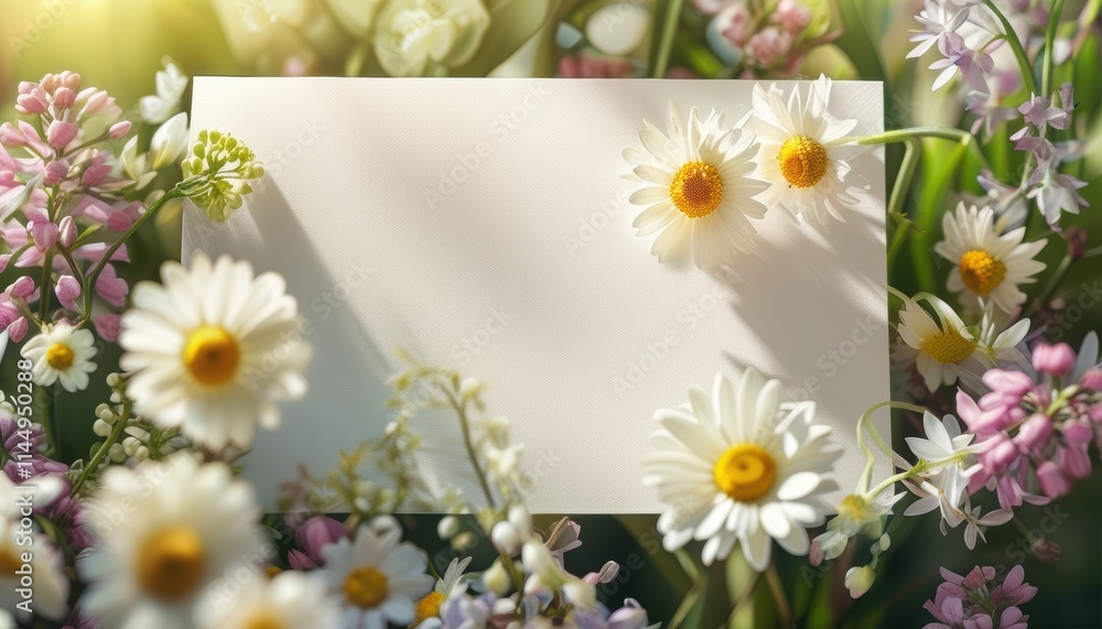 Fototapeta premium mockup Blank easter greeting card with daisies and spring flowers