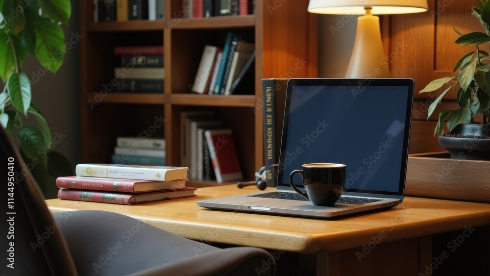 A quiet study session in a cozy room, with a laptop open next to textbooks and a cup of coffee A quiet study session in a cozy room, with a laptop open next to textbooks and a cup of coffee
