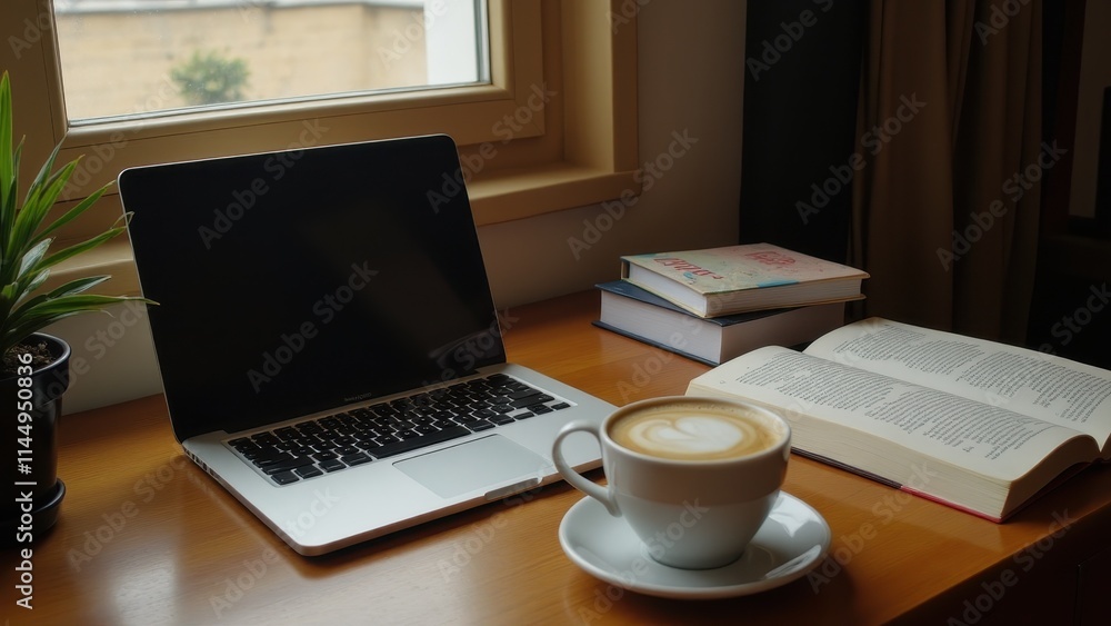 Fototapeta premium A quiet study session in a cozy room, with a laptop open next to textbooks and a cup of coffee