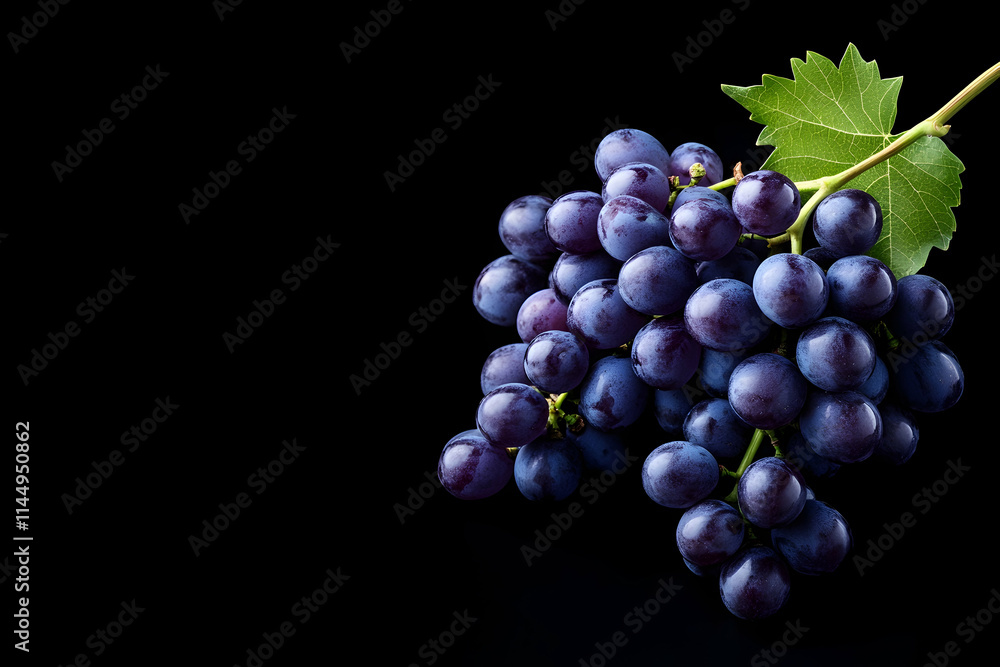 Fototapeta premium Lush dark grapes on vine, black background, studio shot, food photography, winemaking.