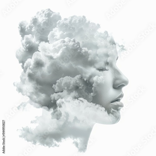 Surreal black and white portrait of a young woman fading into white fluffy clouds on a white background