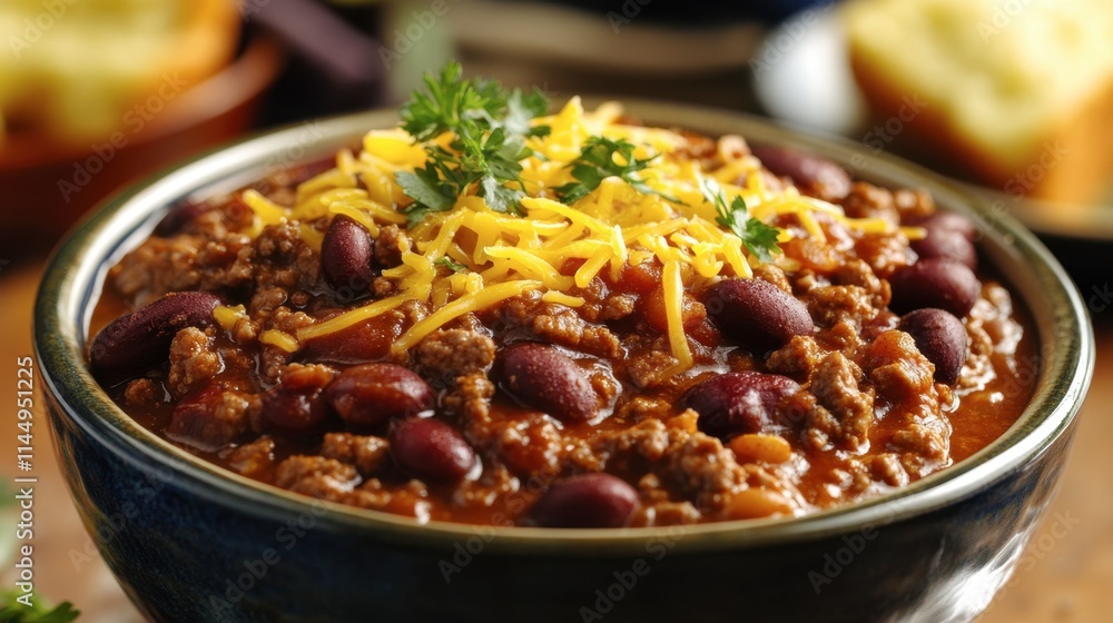 Delicious Beef Chili with Beans and Cheese Topping in a Bowl Delicious Beef Chili with Beans and Cheese Topping in a Bowl