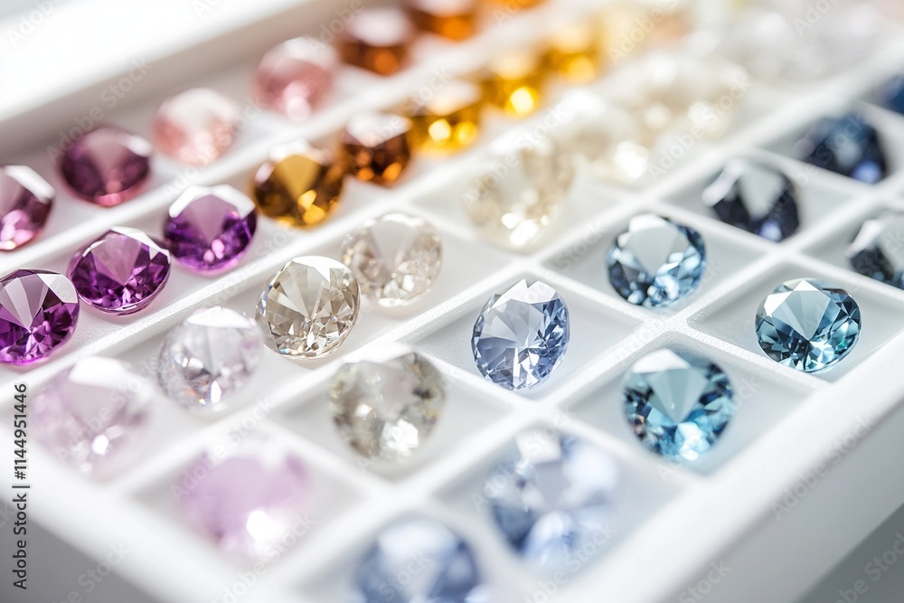 A collection of colorful gemstones arranged in a display tray. A collection of colorful gemstones arranged in a display tray.